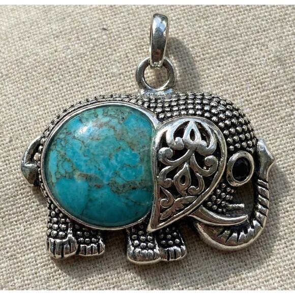 Vintage ATI Thailand Sterling Silver Turquoise Filigree Elephant Pendant - Picture 1 of 4